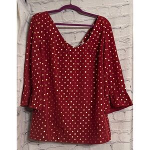 Suzanne Betro Women XL Red Gold Polka Dot Ruffle Double V Neck Tunic 3/4 Sleeve